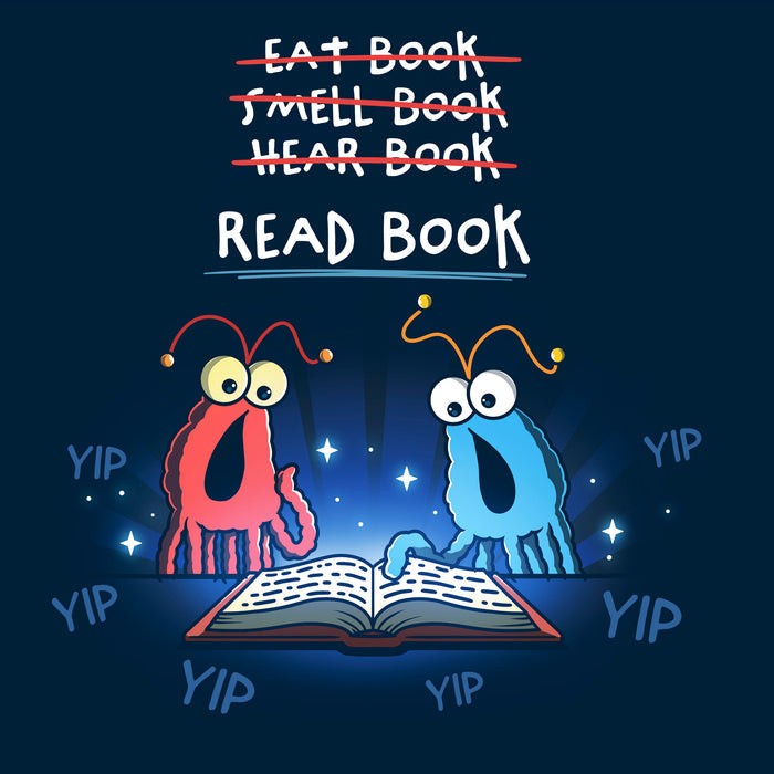 Classic Cotton T-shirt_TeeTurtle navy The Martians Read Book Classic Cotton T-shirt featuring the red and blue yip yip martians from Sesame Street in a classic moment where they are trying to figure out what to do with a book that is open in front of them. Text above them reads "Eat Book," "Smell Book," and "Hear Book" with all of them crossed out and "Read Book" underneath. They are surrounded by the word "yip."