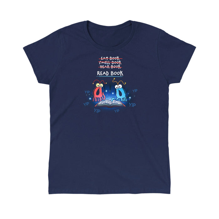 Classic Cotton T-shirt_TeeTurtle navy The Martians Read Book Classic Cotton T-shirt featuring the red and blue yip yip martians from Sesame Street in a classic moment where they are trying to figure out what to do with a book that is open in front of them. Text above them reads "Eat Book," "Smell Book," and "Hear Book" with all of them crossed out and "Read Book" underneath. They are surrounded by the word "yip."