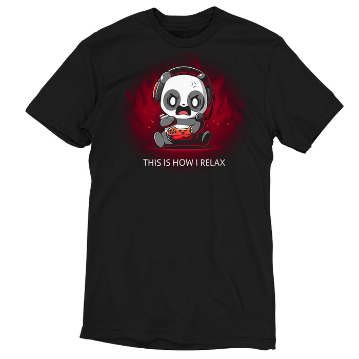 Premium Cotton T-shirt_TeeTurtle black This Is How I Relax apparel featuring an enraged panda wearing a headset and pressing buttons on a controller angrily.