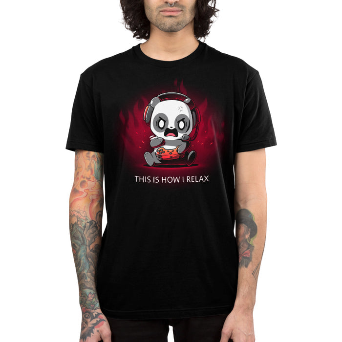 Premium Cotton T-shirt_TeeTurtle black This Is How I Relax apparel featuring an enraged panda wearing a headset and pressing buttons on a controller angrily.