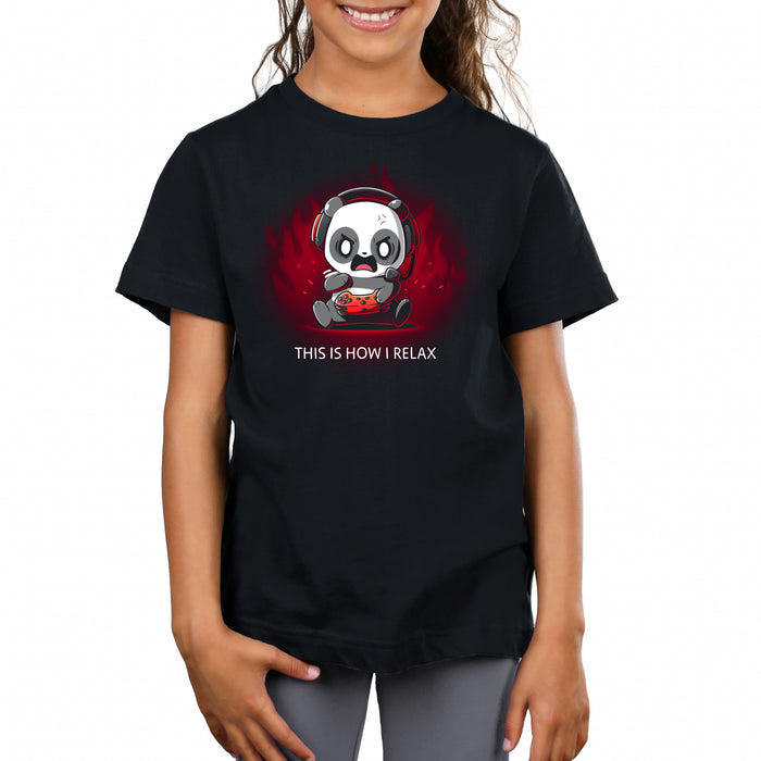 Premium Cotton T-shirt_TeeTurtle black This Is How I Relax apparel featuring an enraged panda wearing a headset and pressing buttons on a controller angrily.