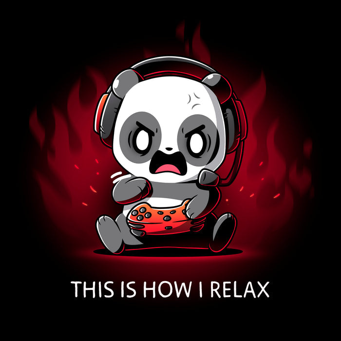 Classic Cotton T-shirt_TeeTurtle black This Is How I Relax apparel featuring an enraged panda wearing a headset and pressing buttons on a controller angrily.