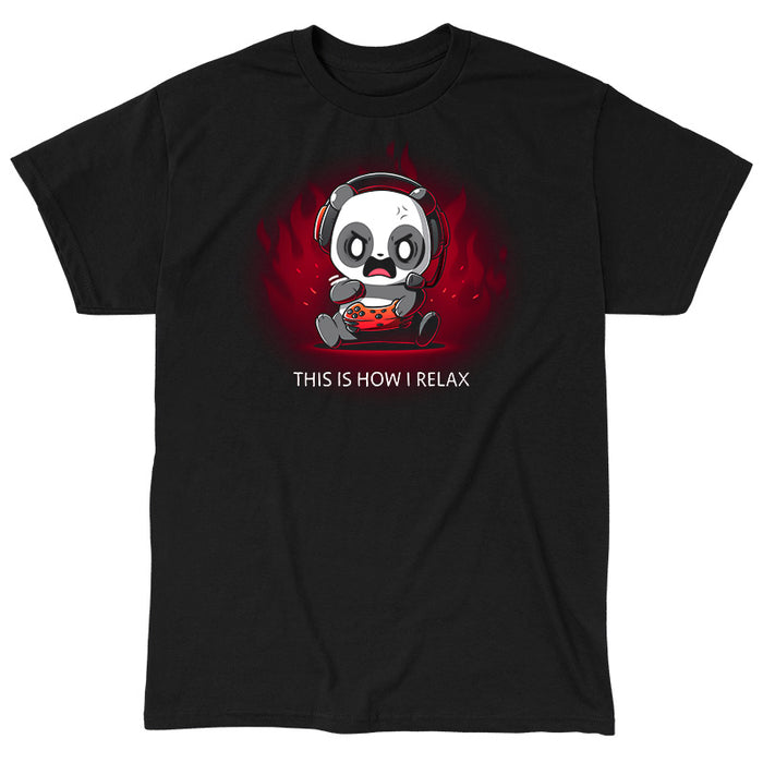Classic Cotton T-shirt_TeeTurtle black This Is How I Relax apparel featuring an enraged panda wearing a headset and pressing buttons on a controller angrily.