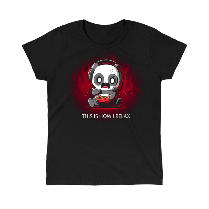 Classic Cotton T-shirt_TeeTurtle black This Is How I Relax apparel featuring an enraged panda wearing a headset and pressing buttons on a controller angrily.