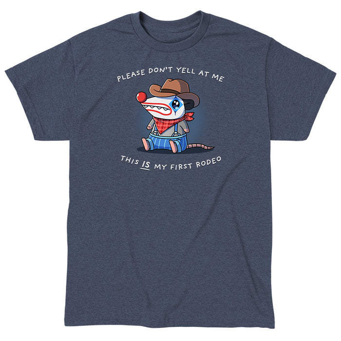 Classic Cotton T-shirt_TeeTurtle heather navy This Is My First Rodeo apparel featuring a sad opossum wearing a rodeo clown costume with the caption, “Please Don’t Yell At Me, This IS My First Rodeo“.