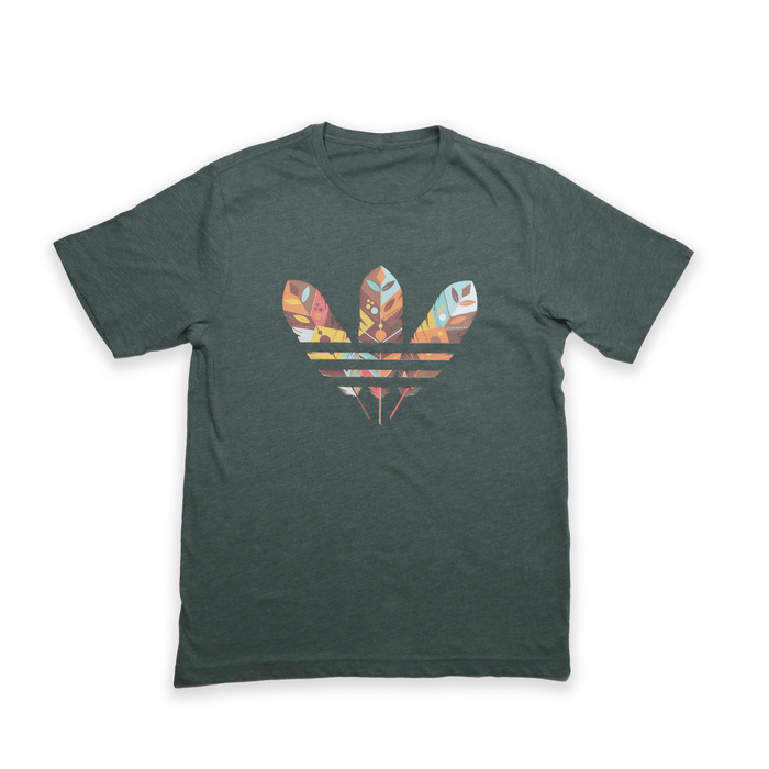 Three Feathers Tee featuring a unique three feathers design on a soft cotton blend shirt.