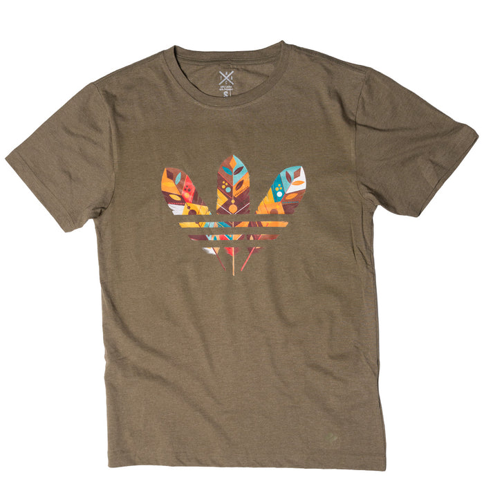 Three Feathers Tee in brown color with colorful feather design, showcasing style and comfort.
