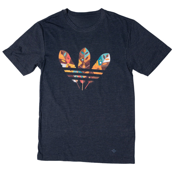 Three Feathers Tee featuring a unique three feathers design on a navy blue fabric.