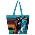 Tote bag with artistic depiction of three figures against a colorful landscape