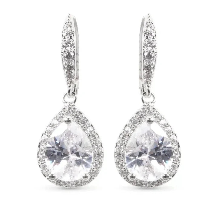 Timeless Radiance CZ Lever-Back Teardrop Earrings with Halo - Silver Amanda Blu