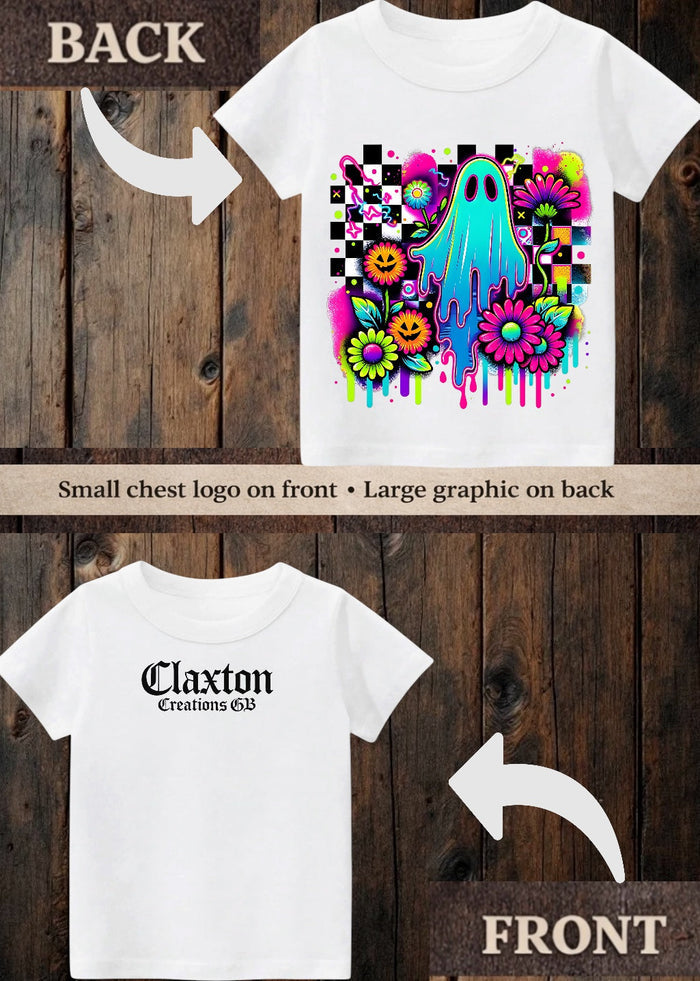 Tiny terror Tee- bright colourful checkered ghost Claxton Creations GB