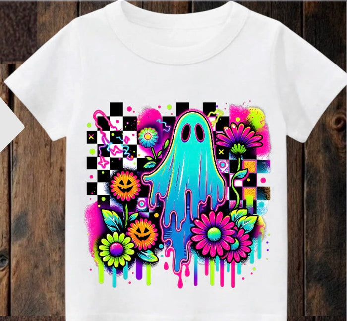 Tiny terror Tee- bright colourful checkered ghost Claxton Creations GB