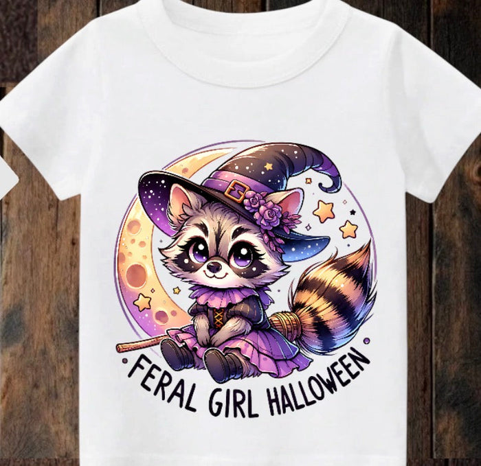 Tiny terror Tee- cute Feral girl Halloween raccoon Claxton Creations GB