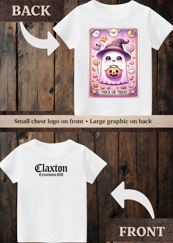 Tiny terror Tee- cute ghost trick or treat tarot card Claxton Creations GB