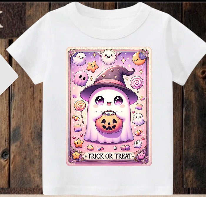 Tiny terror Tee- cute ghost trick or treat tarot card Claxton Creations GB