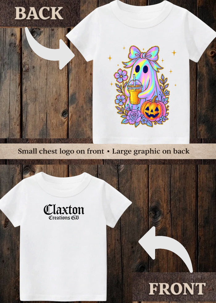 Tiny terror Tee- cute girl 🎀 ghost 👻 iced drink 🥤 Halloween 🎃 Claxton Creations GB