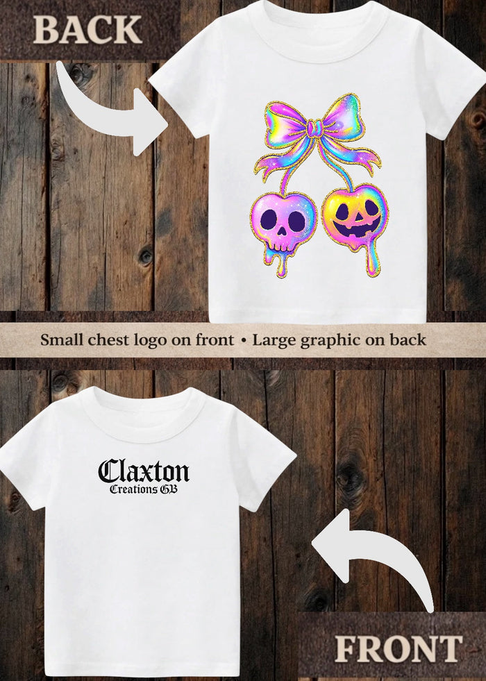 Tiny terror Tee- Halloween 💀 🎃 cherry 🍒 oil-spill Claxton Creations GB