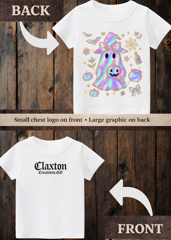 Tiny terror Tee- halloween 🎃 cute oil-spill girl 🎀 ghost 👻 Claxton Creations GB