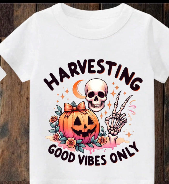 Tiny terror Tee- Harvesting 🎃 Good vibes only skeleton Claxton Creations GB