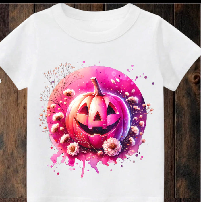 Tiny terror Tee- Pink watercolour pumpkin Claxton Creations GB