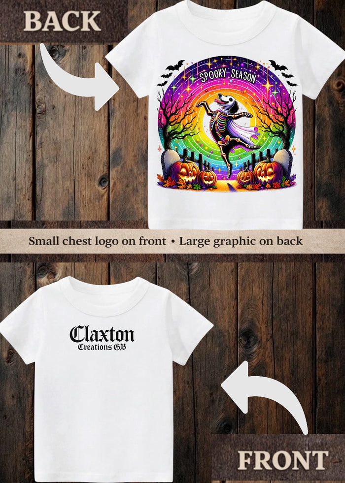Tiny terror Tee- spooky season rainbow 🌈 skeleton 💀 dog 🐶 Claxton Creations GB