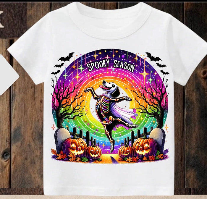 Tiny terror Tee- spooky season rainbow 🌈 skeleton 💀 dog 🐶 Claxton Creations GB