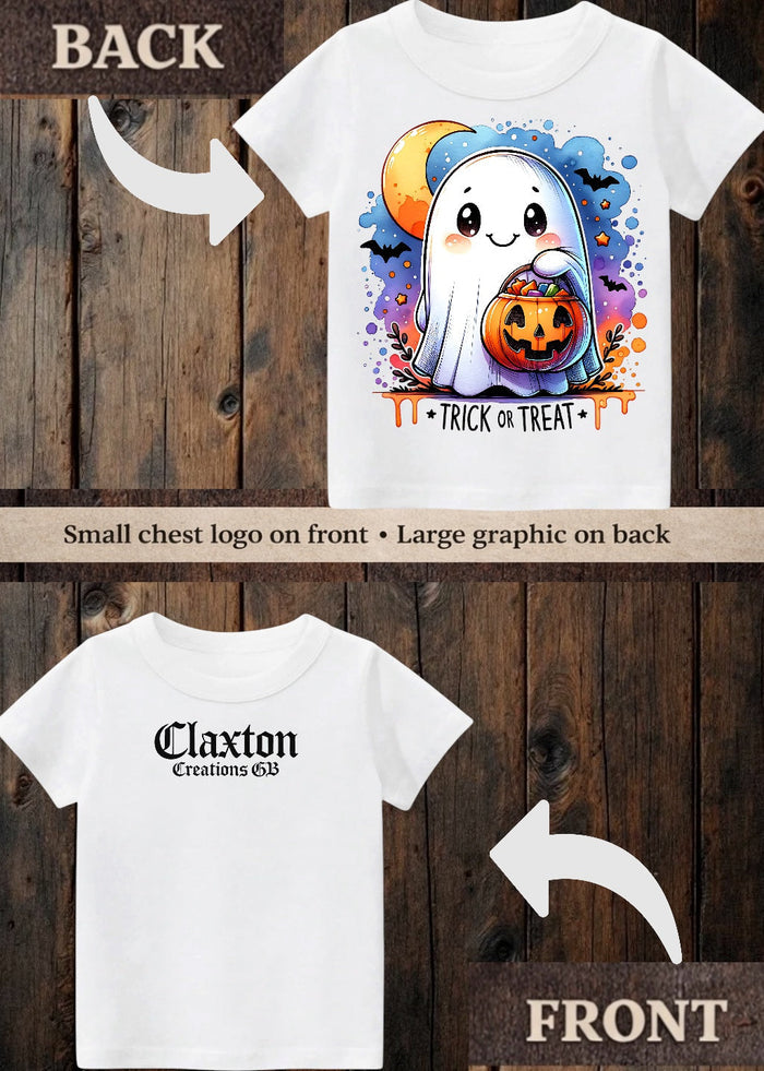 Tiny terror Tee- watercolour trick or treat ghost Claxton Creations GB
