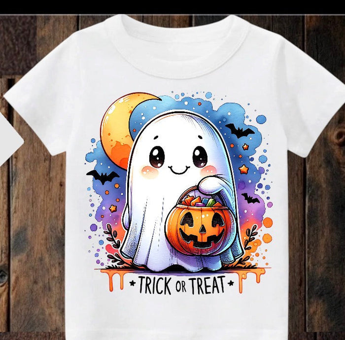 Tiny terror Tee- watercolour trick or treat ghost Claxton Creations GB