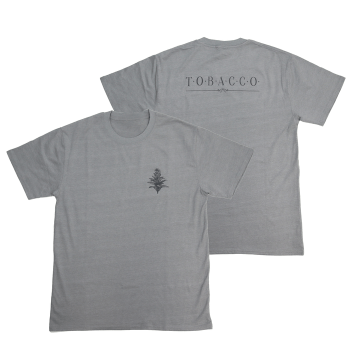Flat lay front and back view of Tobacco Medicine Tee in grey