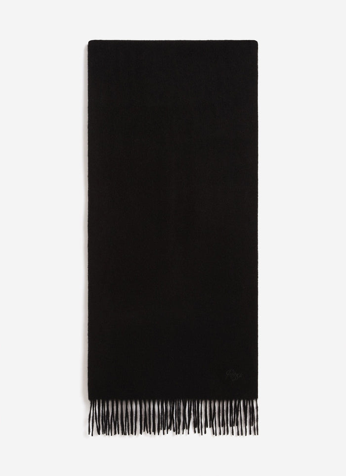 The Percival Tolkein Scarf in black wool, featuring fringed ends and tonal embroidery, laid flat against a white background.