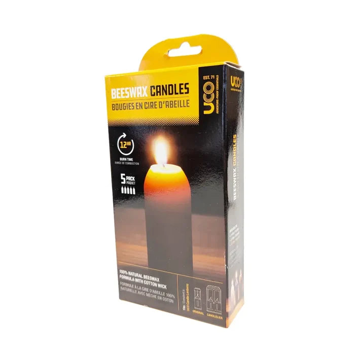 Front Box of UCO beeswax candles with a yellow and black design on a white background