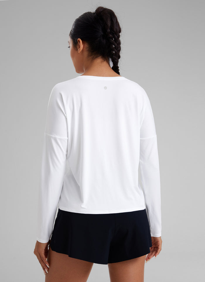 CRZ YOGA Women's Yoga Relaxed Fit Running Crop Long Sleeve Shirts White