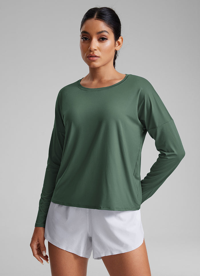 CRZ YOGA Women's Yoga Relaxed Fit Running Crop Long Sleeve Shirts Graphite Green