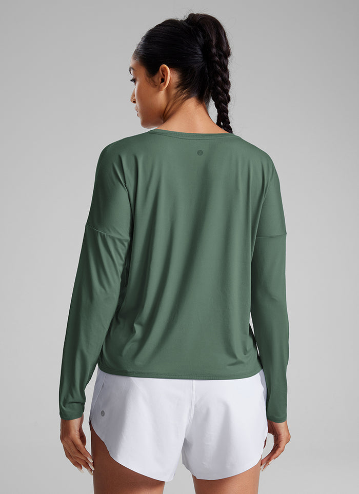 CRZ YOGA Women's Yoga Relaxed Fit Running Crop Long Sleeve Shirts Graphite Green