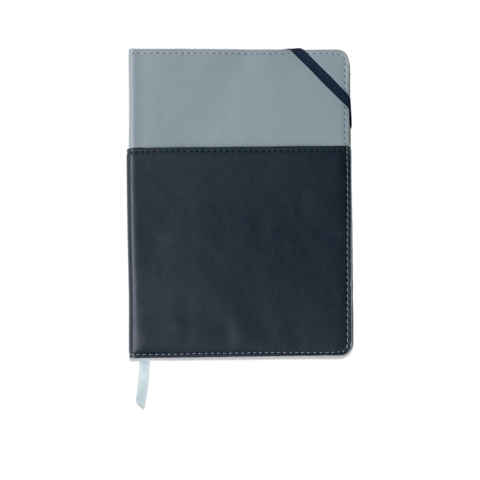 Two-tone vegan leather pocket journal in blue and navy with stitched cover and bookmark ribbon
