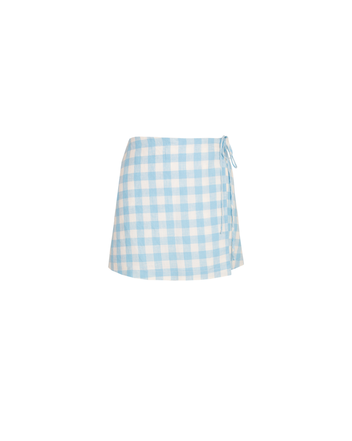 VIDA LINEN MINI SKIRT BLUE LINEN GINGHAM