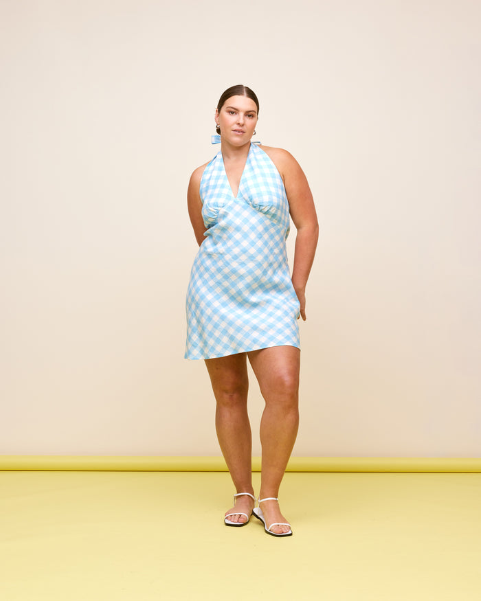VIDA LINEN MINI SKIRT BLUE LINEN GINGHAM