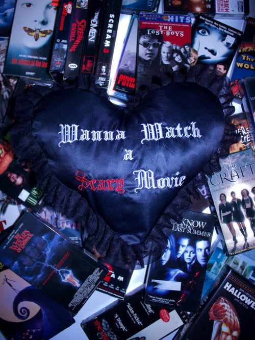 "Wanna Watch a Scary Movie" Embroidered Black Satin Pillow
