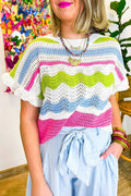 White Colourblock Crochet Knit Ruffled Short Sleeve Sweater Top - WHITE / S / 100% VISCOSE - Sweaters & Cardigans/Short