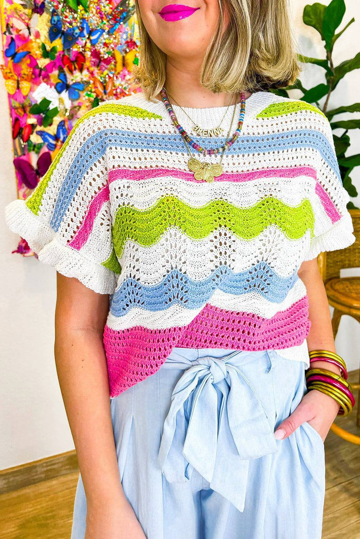 White Colourblock Crochet Knit Ruffled Short Sleeve Sweater Top - WHITE / S / 100% VISCOSE - Sweaters & Cardigans/Short