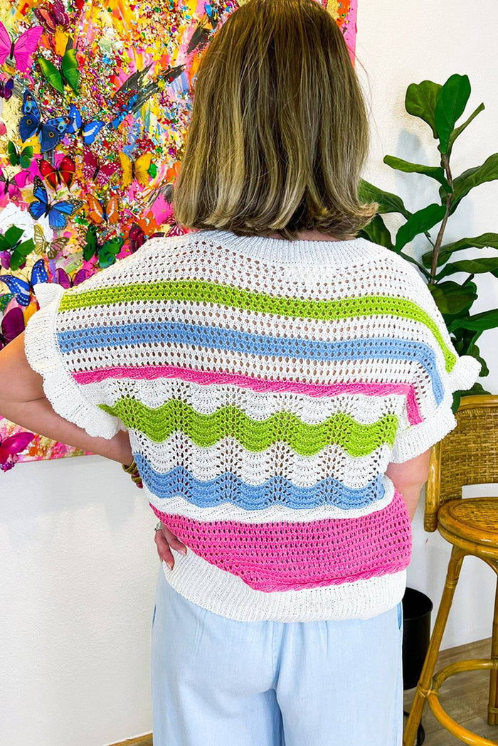 White Colourblock Crochet Knit Ruffled Short Sleeve Sweater Top - Sweaters & Cardigans/Short