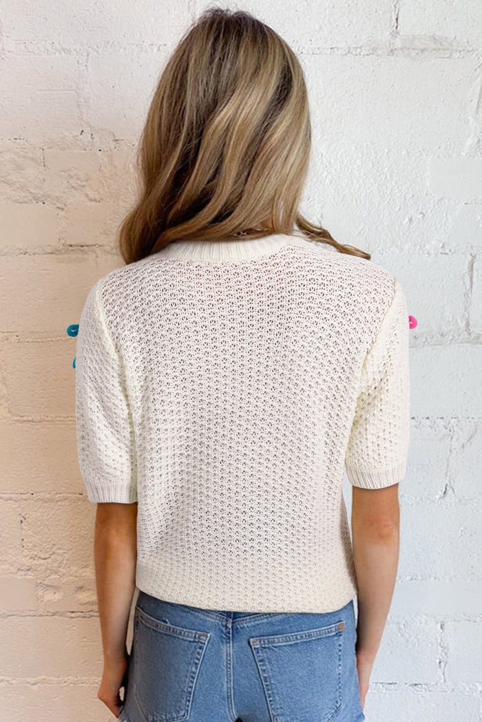White Colourful Bow Knit Mock Neck Short Sleeve Sweater - Sweaters & Cardigans/Short