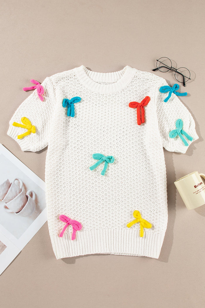 White Colourful Bow Knit Mock Neck Short Sleeve Sweater - Sweaters & Cardigans/Short