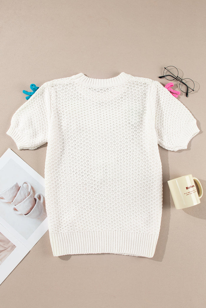 White Colourful Bow Knit Mock Neck Short Sleeve Sweater - Sweaters & Cardigans/Short