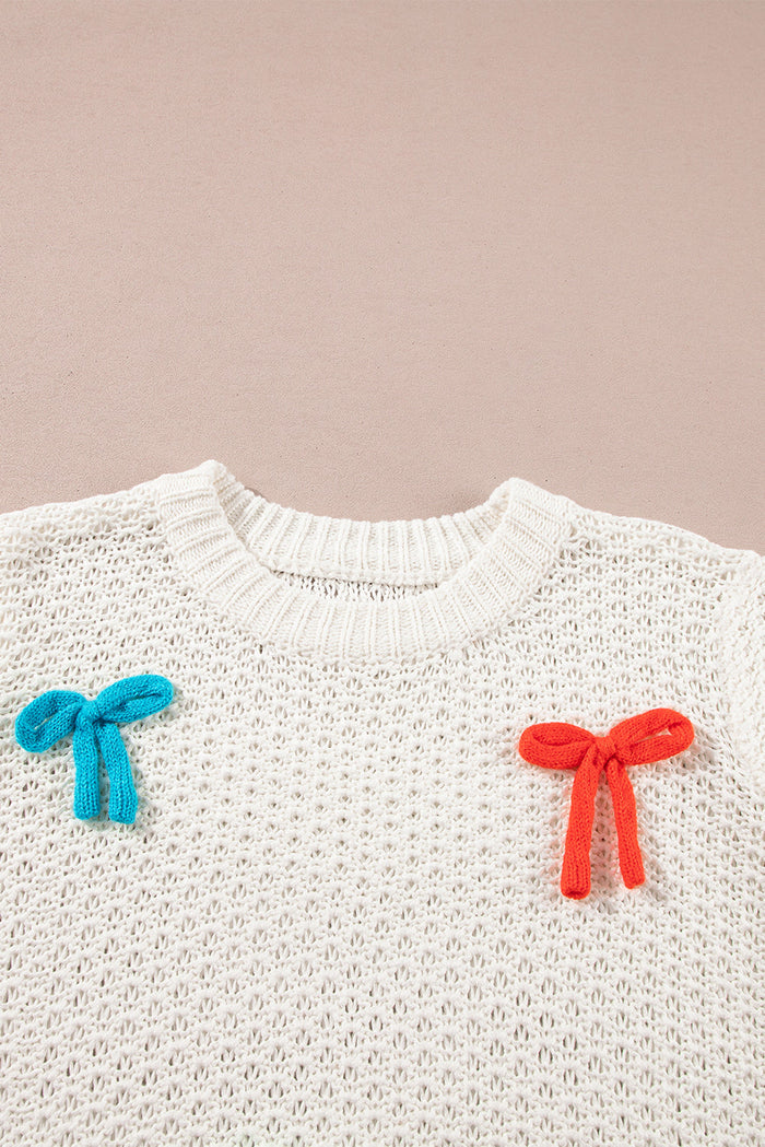 White Colourful Bow Knit Mock Neck Short Sleeve Sweater - Sweaters & Cardigans/Short