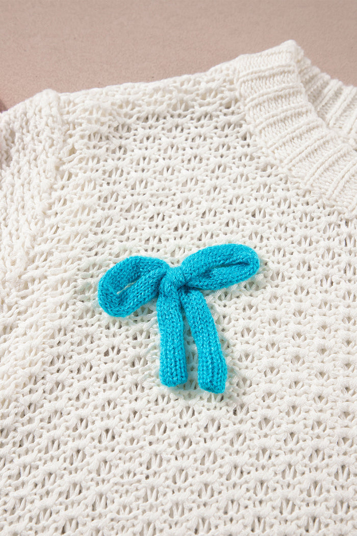 White Colourful Bow Knit Mock Neck Short Sleeve Sweater - Sweaters & Cardigans/Short
