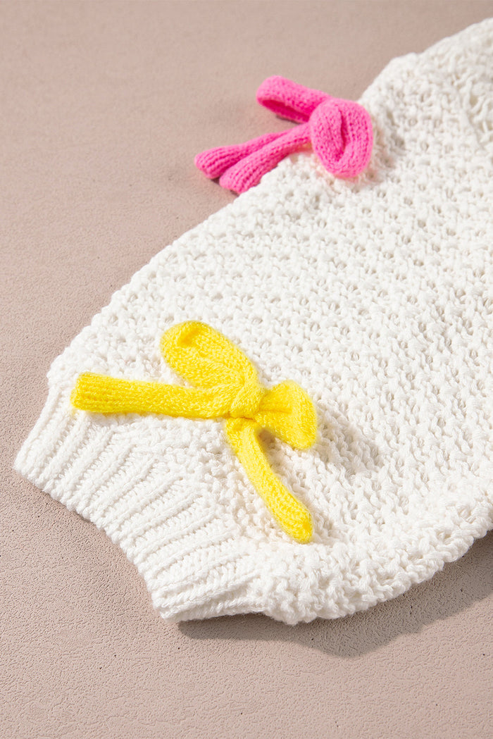 White Colourful Bow Knit Mock Neck Short Sleeve Sweater - Sweaters & Cardigans/Short