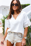 White Crinkled Lace Splicing Sleeve Collared V Neck Blouse - WHITE / S / 100% COTTON - Tops/Blouses & Shirts