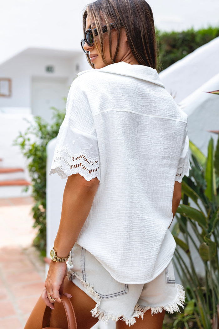 White Crinkled Lace Splicing Sleeve Collared V Neck Blouse - Tops/Blouses & Shirts