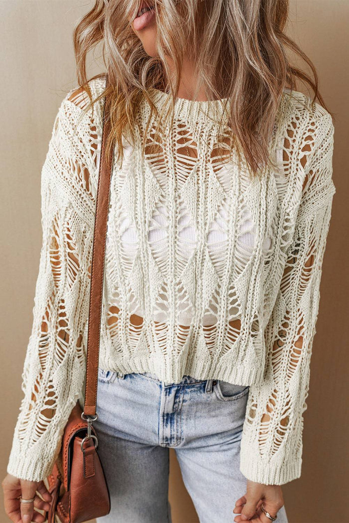 White Cut Out Crochet Crew Neck Loose Fit Sweater - WHITE / S / 75% COTTON + 25% POLYESTER - Sweaters &